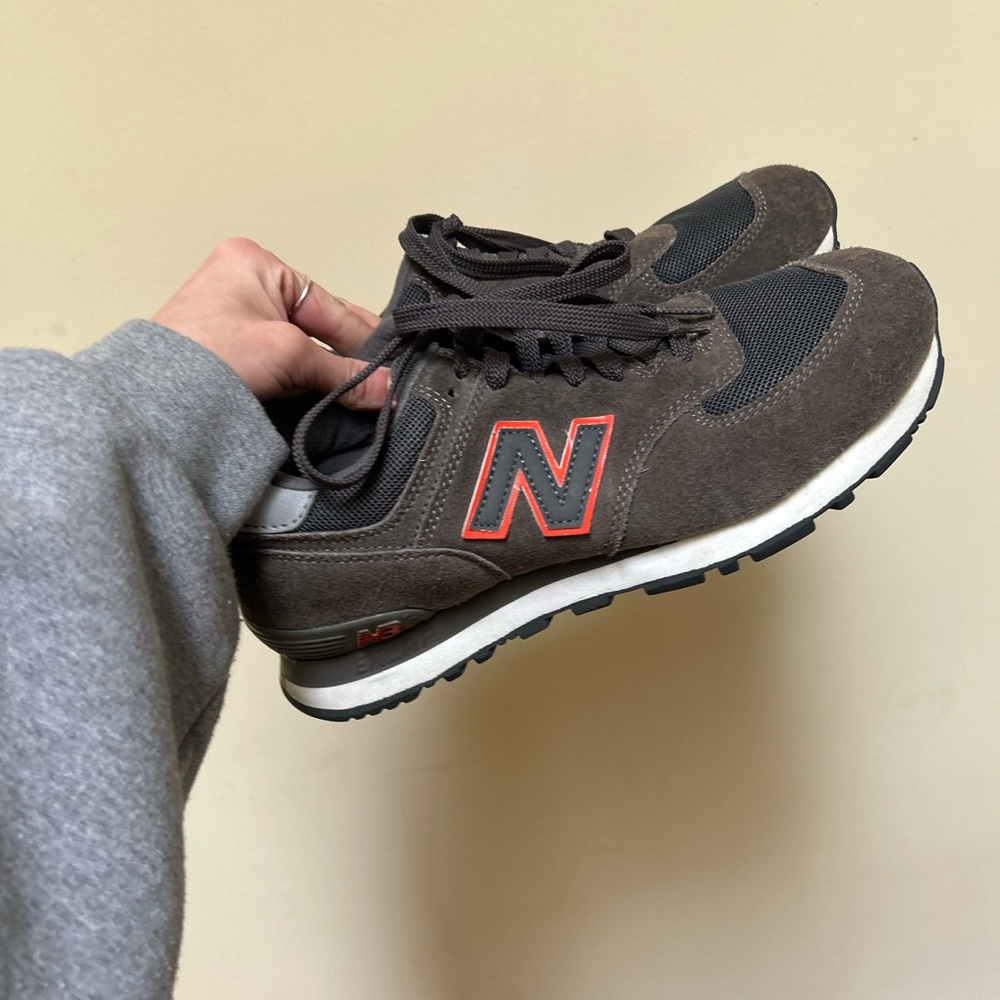 New Balance Brown and Black Suede Running Sneakers with Orange Logo
